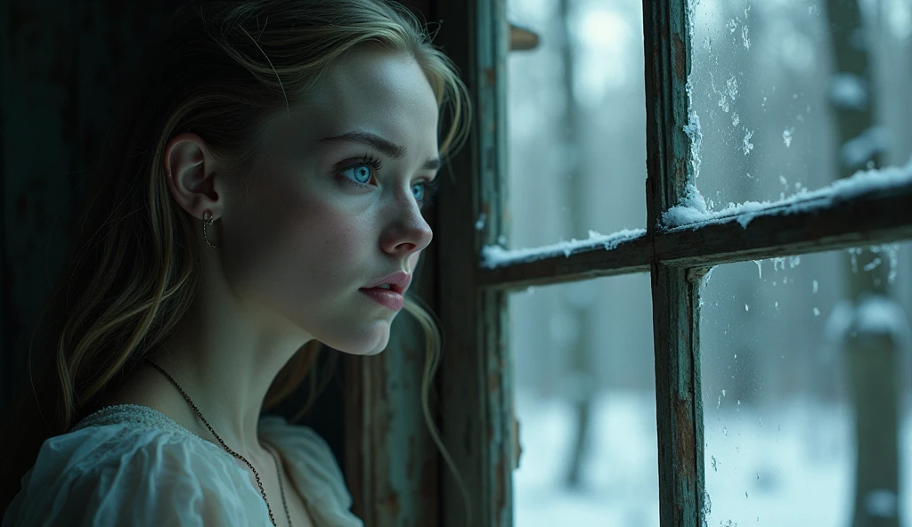 scary house in winter forest, beautiful girl sits looking out the window at the forest.