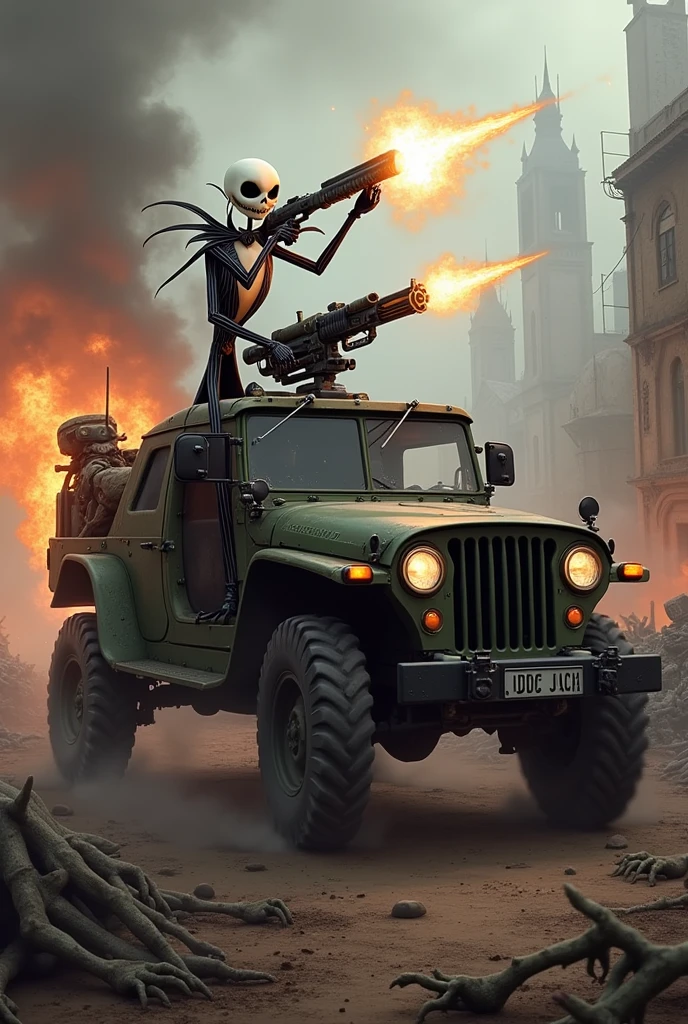 Jack Skellington killing zombies from the last war game from a Jeep