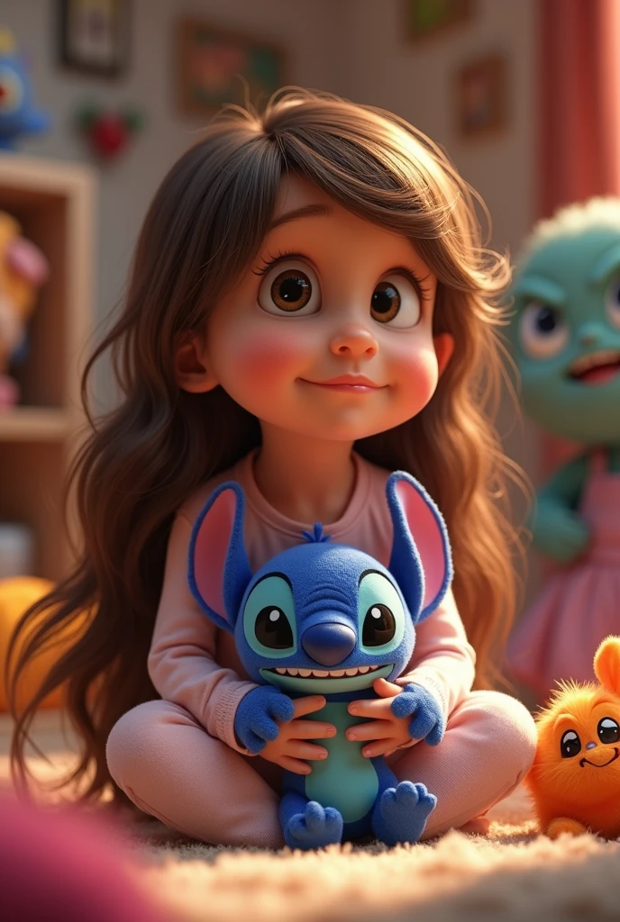 child with long brown blonde hair in pajamas and toys from the movie Inside Out 2 holding Stitch the teddy bear from the movie Lilo and Stitch