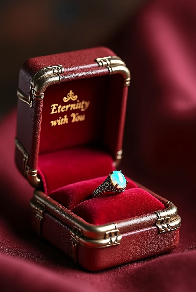 Antique style romance book shaped engagement ring box, red and gold colored. that the title of the book is "eternity with you"
The closed box and another one where it is open, showing a ring with an opal jewel