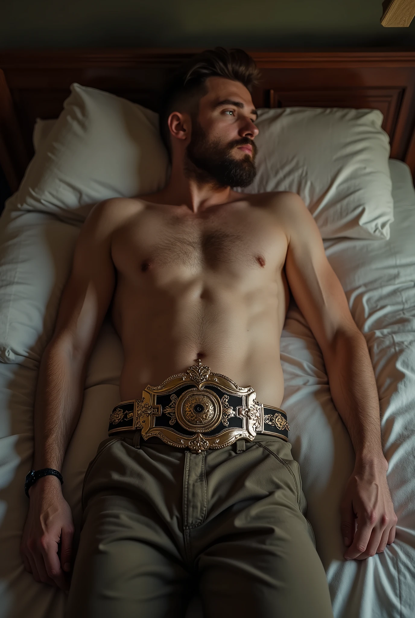 man, naked, Loyalty Belt, connected, on the bed, 