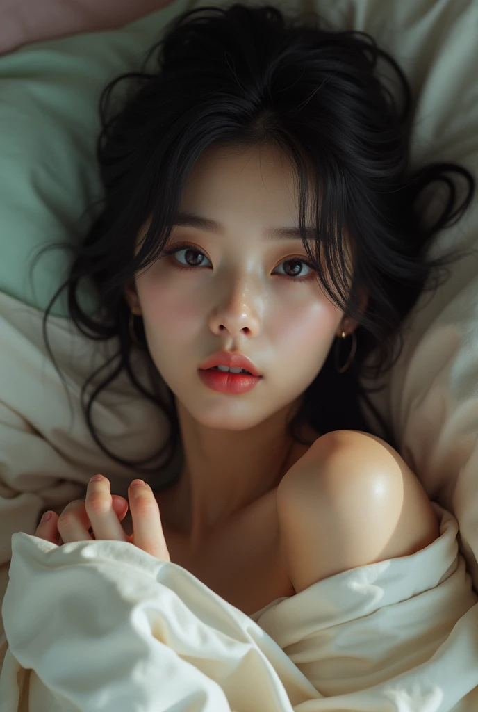 a cute korean girl lying in bed,beautiful detailed eyes,beautiful detailed lips,extremely detailed eyes and face,long eyelashes,bedroom,messy sheets,sensual,teasing feet,soft lighting,pastel colors,cinematic,dreamy,photorealistic,hyper detailed,8k,masterpiece