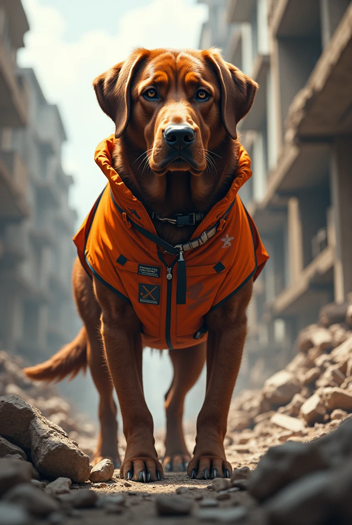 A Labrador dog, cor parda, wearing a military uniform from the fire department of the state of Rio de Janeiro, the uniform is orange with pixelated brown camouflage throughout the uniform, This dog is sitting in the middle of the rubble of a building collapse, the dog acts in the search for people 