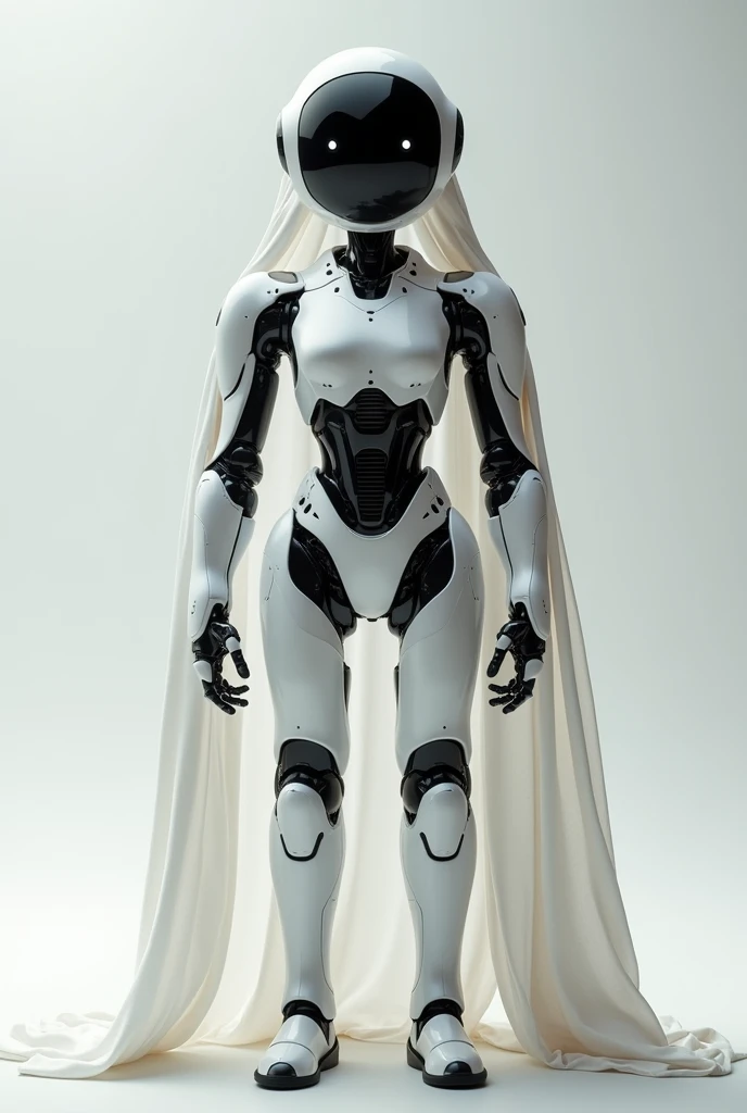 A robot assistant with clothe and hair. His color is white and black and his eyes is a black screen