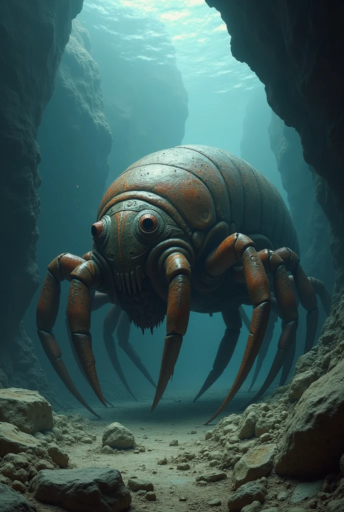 A giant isopod with a hard exoskeleton and sharp legs, crawling along a rocky, dark seafloor."