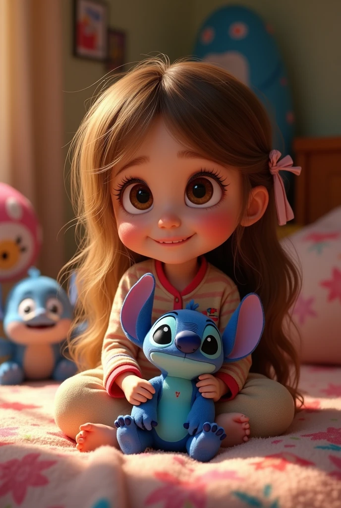 child with long brown blonde hair in pajamas and toys from the movie Inside Out 2 holding Stitch the teddy bear from the movie Lilo and Stitch