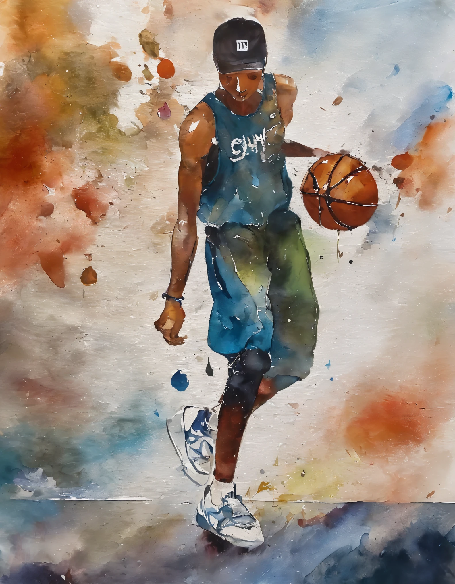 バンクシーartステッカー, Fantasy Characters, Basketball Player, Basketball Uniforms, (Basketball Scene:1.5), 空中でDunk Shotする選手, (Dunk Shot:2.0),(dynamic angle:1.5), (passion:1.5), digital figure, Comic book style, ????, Perfect ???????, Centered, Approaching perfection, dynamic, Very detailed, Watercolor, artステーション, コンセプトart, soft, Sharp focus, figure, art：Kahne Griffith and Vadim Kashin, (View from below:1.2)