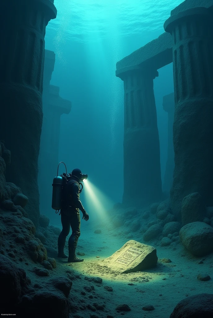 Un plongeur explore les ruines sous-marines de l'Atlantide et découvre un artefact ancien, peut-être une tablette gravée ou une statue lumineuse, qui pourrait révéler les secrets de la cité perdue. La lumière de sa lampe éclaire l'objet, créant un contraste avec l'obscurité environnante.