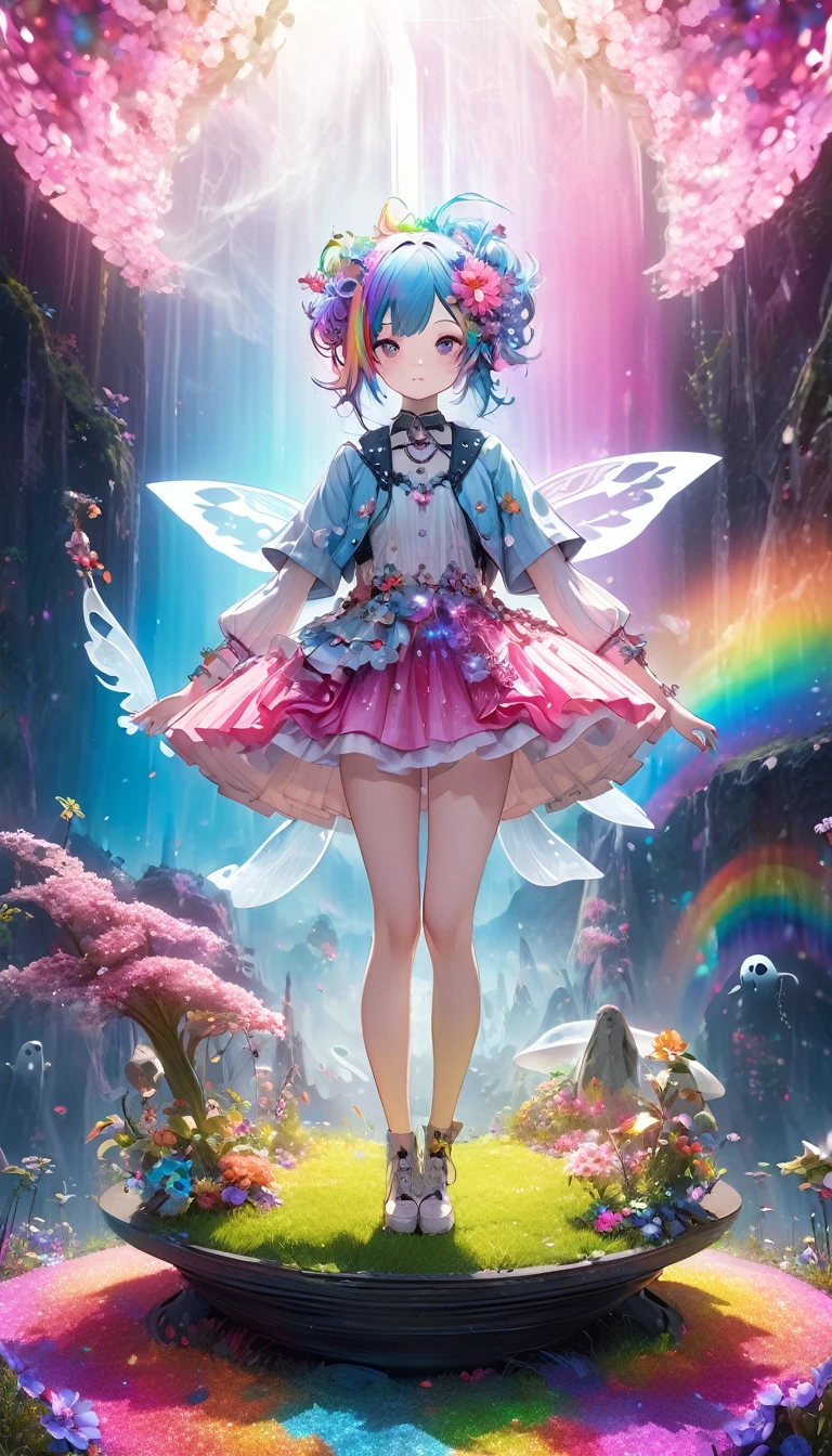 A fantasy world that combines flower punk and gem punk, Female Spirit Fairy, A distorted space from another dimension, Cute naughty ghost, Conceptual installation art, (Extremely detailed, Absolute resolution, best quality:1.3), 2.5D, Delicate and dynamic special effects, Fog filter effect, Rainbow glitter effect, artistic, overtake, Graphics CG Digital Art