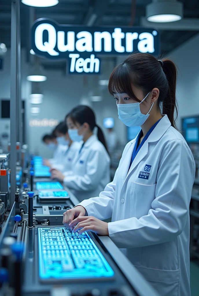 An image from the chip factory, production line, there are Japanese employees in white coats wearing mouth masks, the name of the company is written in the background. The company name is ‘QUANTRA TECH’