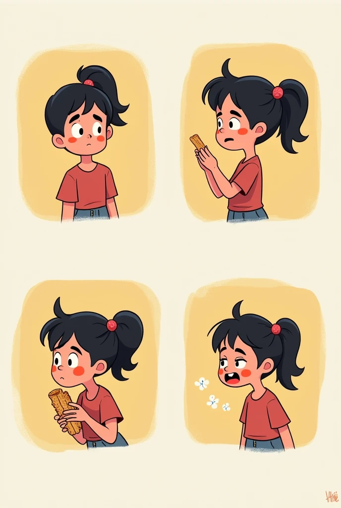 Square with 4-panel mini-comic with animated character, a young teenager. In frame 1 the character is bored because it's Monday, In vignette 2 the pensive character thinks about joy and happiness, In vignette 3 the character comes up with an idea and in vignette 4 he is walking relaxed and happy down the street eating a churro.