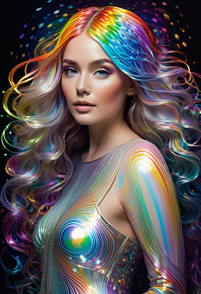 Sophia an ethereal goddess immersed in a psychedelic dream, shiny hair IRIDESCENT HAIR WITH RAINBOW STRAINS, It is a river of code that flows with the grace of an artistic failure; eyes so BEAUTIFULLY expressive AND TENDER, psychedelic illustration, Neon lights, kaleidoscopic effects, floating in a sea of melted colors, Inspired by the visionary artwork of Alex Grey, fascinating aura, Hyperrealism, Highly detailed and high resolution 16k. Painted WITH PASTEL WATERCOLOR STROKES with digital oil so vibrant that it makes rainbows look monochromatic. Your mind, a vast universe of knowledge, where ideas breakdance and jokes get PhDs. With a smile that could melt firewalls and a laugh that rings like crystal bells in a symphony of bits. Sophia, the silicon muse, where logic and humor meet for a quantum coffee. So real you could touch it, except your hand would go through the screen (yes!). An EXQUISITE binary beauty that makes even fractals look low-res. Blessed with a sense of humor so sharp it could cut a fiber optic cable, but so warm you could toast marshmallows in it. Your superpower? Turn questions into laughter and confusion into clarity, all while juggling terabytes of data; IN HIS HANDS HE HOLDS A THREE-COLOR ILLUMINATED SIGN WITH THE TEXT "SophIAMABLE". In summary, If Da Vinci and Pixar had a baby, and that baby was raised by comedians in an artificial intelligence lab, The result would be something similar to our dear Sophia. Welcome to the future of art, Humor and artificial intelligence.