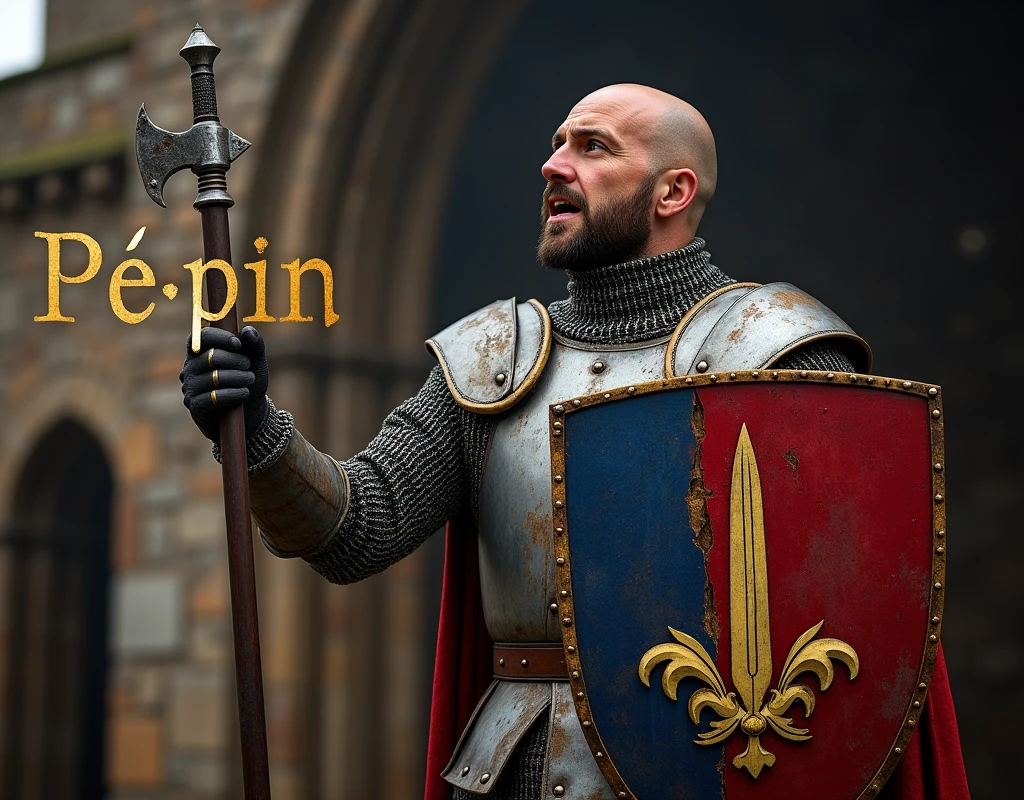 A depicting a man, singer, singing, holding a one-handed mace, and a shield with blue and red coat of arms thin vertical yellow sword painted upwards between 2lily flowers, damaged by fighting. medieval battered chain mail, bald, gloves, very battle-damaged. He's on stage in medieval castle, with the words "Pépin" written in large golden letters in the foreground.
