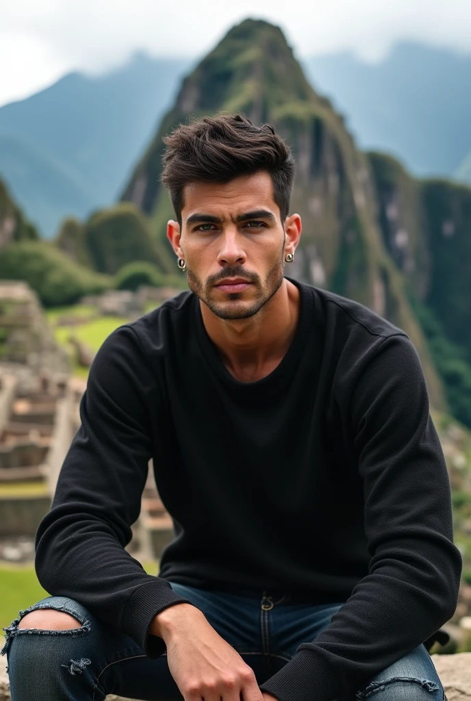 (photorealism:1.2), (8k), (high quality) (detailed), (photorealism:1.2), (8k) (detailed) (Whole body)(man) facial features: Square face with a marked jaw, prominent cheekbones and thick, dark eyebrows. Adds youth to your appearance.hair: hair oscuro, usually combed back or styled slightly tousled, which can vary between short and medium.eyes: eyes verdes oscuros, with a penetrating look that expresses confidence, with cross-shaped hoops on each side.Complexion: slim and well defined. Height 1.80, which gives it an imposing presence.style: Your style of dress: chompa negra, ripped jean pants.Skin tone: Skin tone bronceado, typical of the Mediterranean.Expression: He usually has a serious or concentrated expression., Although he can display a charming and confident smile.(sitting behind Machi Pichu).