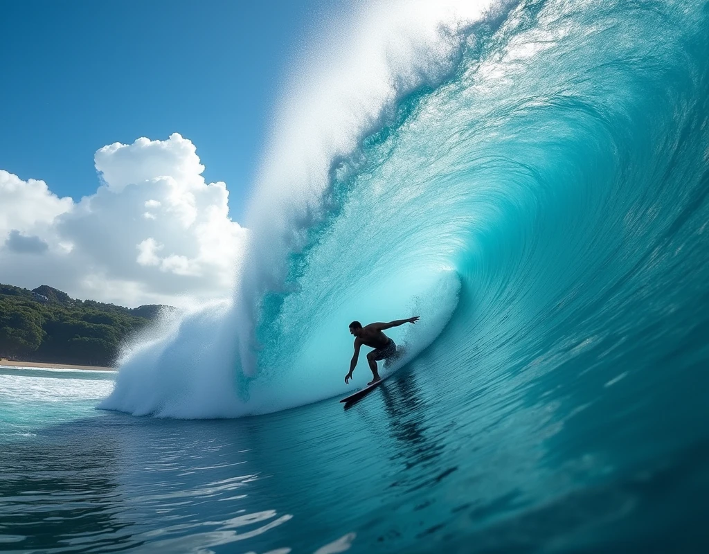 (masterpiece:1.2,Superior Quality,mirror-like,Cinematic Experience),8k,wallpaper,Hawaii&#39;s Big Air、A surfer in a wave tube