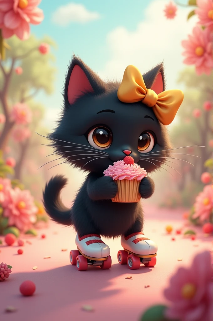 Un chat noir kawaii avec un noeud doré sur la tête qui fait du patin à roulettes et qui mange un cupcake 