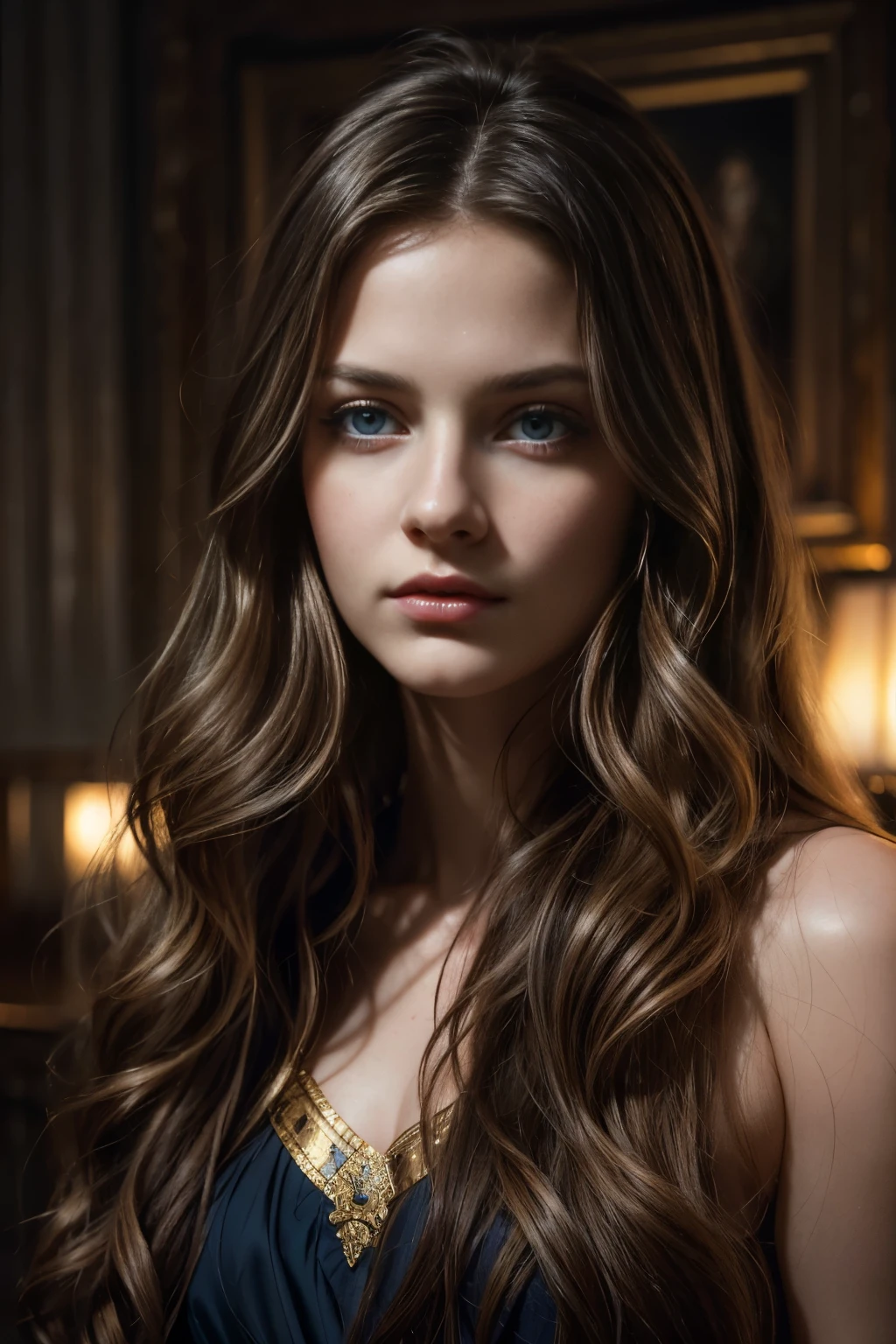 a young woman with long wavy hair, beautiful blue eyes, serene expression, looking directly at the camera, highly detailed portrait, oil painting, exquisite brushstrokes, warm lighting, glowing skin, hyper realistic, cinematic composition, dramatic chiaroscuro, moody color palette