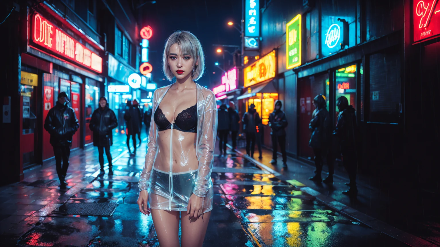 Neon Noir Beautiful Naked Female,Looking at Viewer, . Cyberpunk, Dark, City of Rains, neon signs, outside the double door of a nightclub, High contrast, low illuminance, Vibrant, Highly detailed, silver hair color, shoulder length bobcut hair, wet hair, Luminous Eyes, cherry red lipstick, transparent plastic rain jacket, black skin tight bra, heavy rain