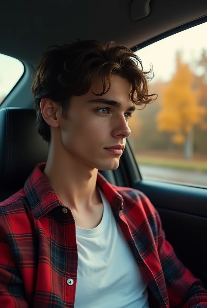 masterpiece, Best quality, super detail, ultra realism, super realism, 8k, sharp textures, detailed skin texture accurate ???????, young very handsome guy with brown wavy hair is driving, gray eyes, with wide cheekbones and plump cheeks in the back seat of a car and looks out the window at the autumn rainy landscape. Wearing a red plaid unbuttoned shirt with a white t-shirt underneath., Late evening, San Diego
