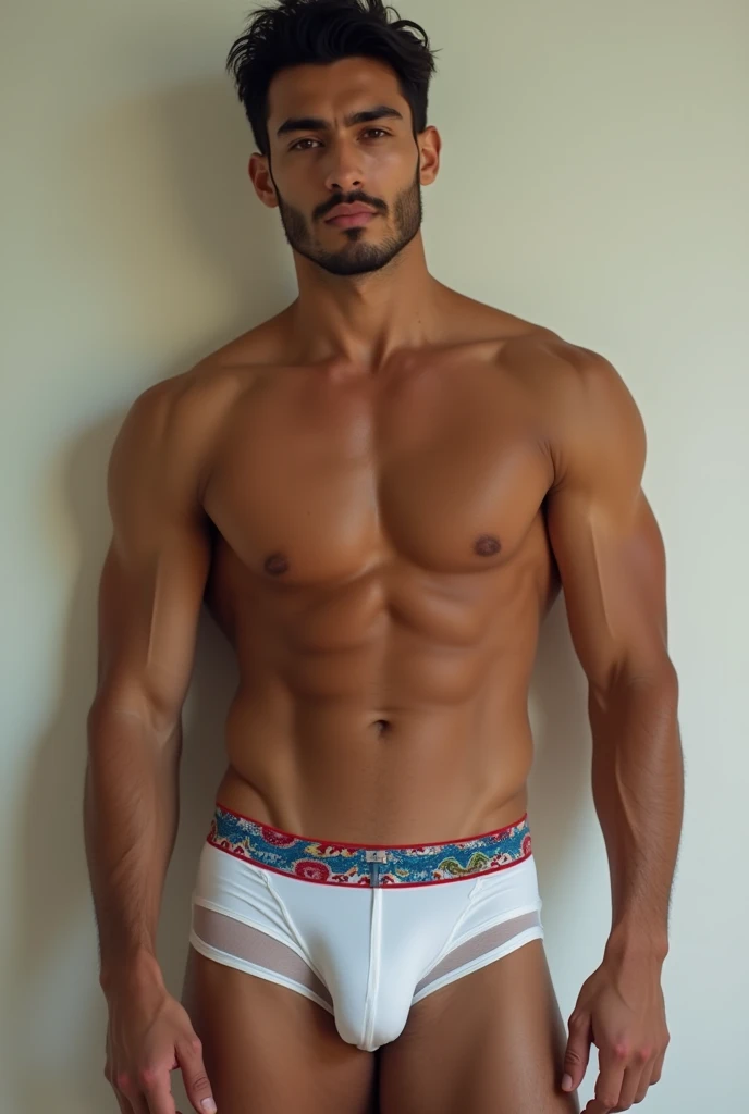 Sexy Bolivian man in white underwear with colored boxers