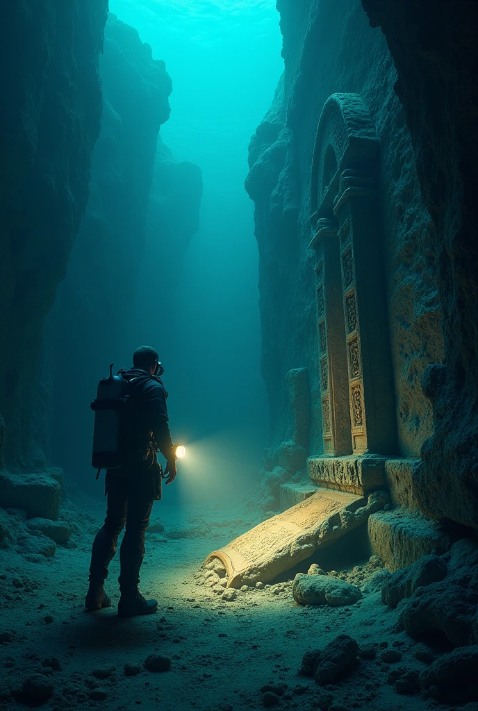 Un plongeur explore les ruines sous-marines de l'Atlantide et découvre un artefact ancien, peut-être une tablette gravée ou une statue lumineuse, qui pourrait révéler les secrets de la cité perdue. La lumière de sa lampe éclaire l'objet, créant un contraste avec l'obscurité environnante.