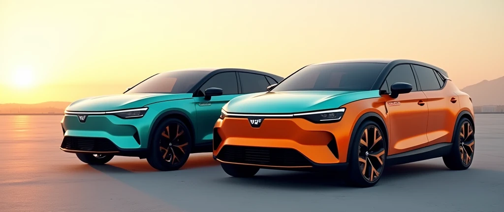 Créer une image HD 16K de haute qualité, ultra réaliste, photo réaliste, plan éloigné, voitures prototypes. Un premier prototype vu de 3/4 avant, avec les traits nouvelle Astra 2024, compacte 4 portes, coffre de type haillon avec becquet arriere orange matte, Feux diurnes LED allumés en forme de demi-flèche se prolongeant sur la longueur calandre et 3 phare carré intégré dans la calandre, grande calandre avant rectangulaire pleinese prolongeant de droite a gauche, effet miroir glosse noir lisse, Fenêtre et lunette arrière sur teintées, intérieur moderne. carrosserie bicolores bleu ciel turquoise métallisé et bas de caisse orange matte, Jantes glosse noires en baton, retroviseur fin orange matte. A côté premier prototype, le second prototype vu de 3/4 arriere avec les traits nouvelle Astra 2024, carrosserie bicolores bleu ciel turquoise et bas de caisse orange matte, coffre de type haillon, feu arriere led en forme de demi flèche se Prolongeant sur longeur haillon, becquet arriere orange matte, fenetre sur teinté, jante glosse noir en baton, retroviseur fin. Positionner sur immense esplanade, jour, Reflets de la lumière du soleil levant sur carrosserie. Logos en forme de V sur calandre avant et sur haillon arriere. Sur haillon ecris "VECTOR" en noir.