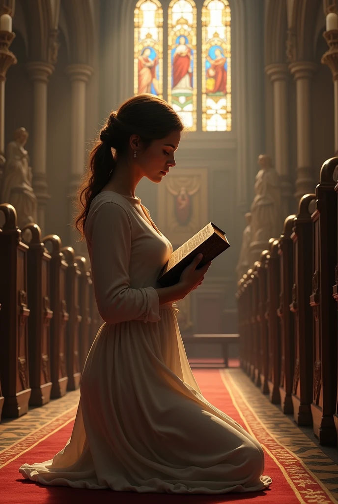a religious woman, with a Bible in her hand, in a church, praying.