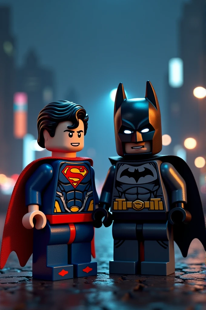 Superman and Batman in Lego art, at night.