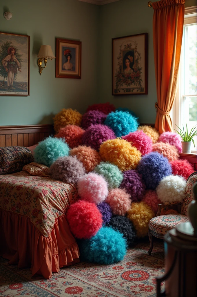 Grandma's bedroom with large pile of different colored wigs in realism form