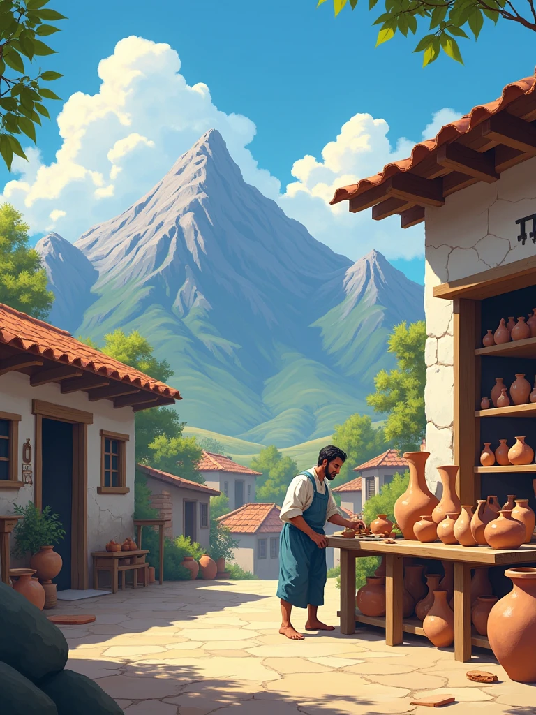 Show the picturesque village surrounded by mountains, where everyone knows and respects the artisan Elias. He is working in his workshop, surrounded by the many vases he has created, while his eyes reflect a calm determination. Highlight the simplicity of the environment and the deep connection Elias has with his work. --ar16:9