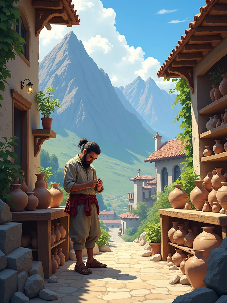 Show the picturesque village surrounded by mountains, where everyone knows and respects the artisan Elias. He is working in his workshop, surrounded by the many vases he has created, while his eyes reflect a calm determination. Highlight the simplicity of the environment and the deep connection Elias has with his work. --ar16:9