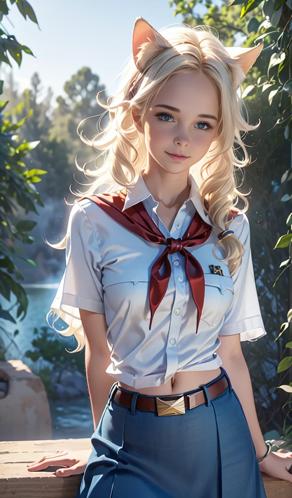 high quality picture, UHD, perfect light, detailed picture, masterpiece, very young slim fit girl, full height, rounded face, (long curly disheveled blond hair:1.4), big blue eyes, shy smile, perfect medium breast, band on head with fake cat ears, monroe, pioneer neckerchief, short tight blue pleated skirt, bangs, tight white shirt, short sleeves, collared shirt, belt, red neckerchief, breast pocket