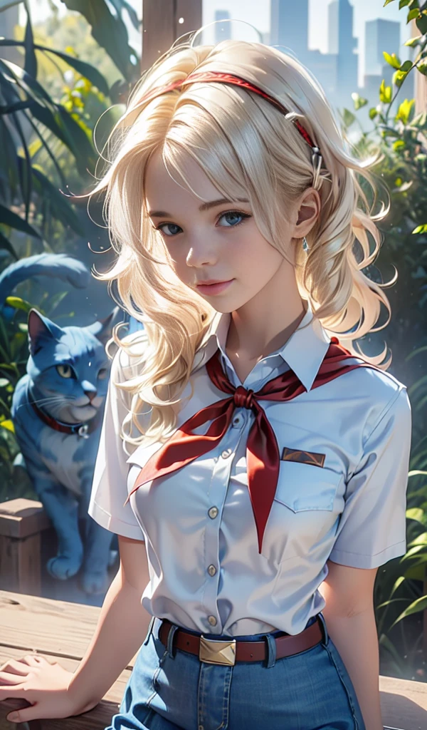 high quality picture, UHD, perfect light, detailed picture, masterpiece, very young slim fit girl, full height, rounded face, (long curly disheveled blond hair:1.4), big blue eyes, shy smile, perfect medium breast, band on head with fake cat ears, monroe, pioneer neckerchief, short tight blue pleated skirt, bangs, tight white shirt, short sleeves, collared shirt, belt, red neckerchief, breast pocket