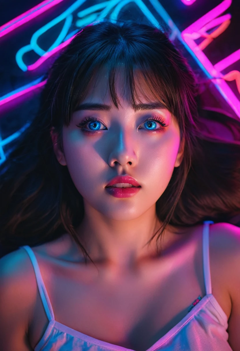(ultra realistic),Photo, high quality, Analog Photography Ahegao , (low lighting), (neon atmosphere) light background ,portrait of a girl, Ahegao, rubio,chölka, view from above, detailed eyes,