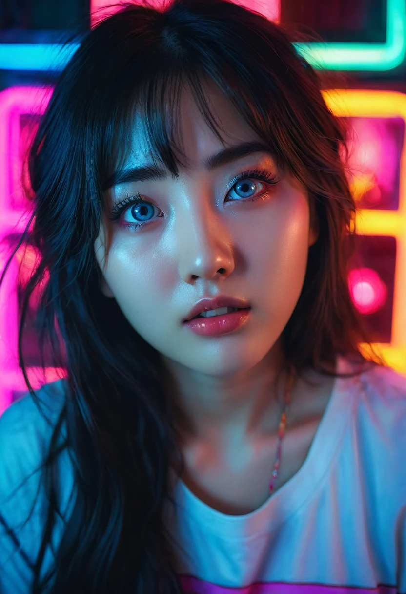 (ultra realistic),Photo, high quality, Analog Photography Ahegao , (low lighting), (neon atmosphere) light background ,portrait of a girl, Ahegao, rubio,chölka, view from above, detailed eyes,