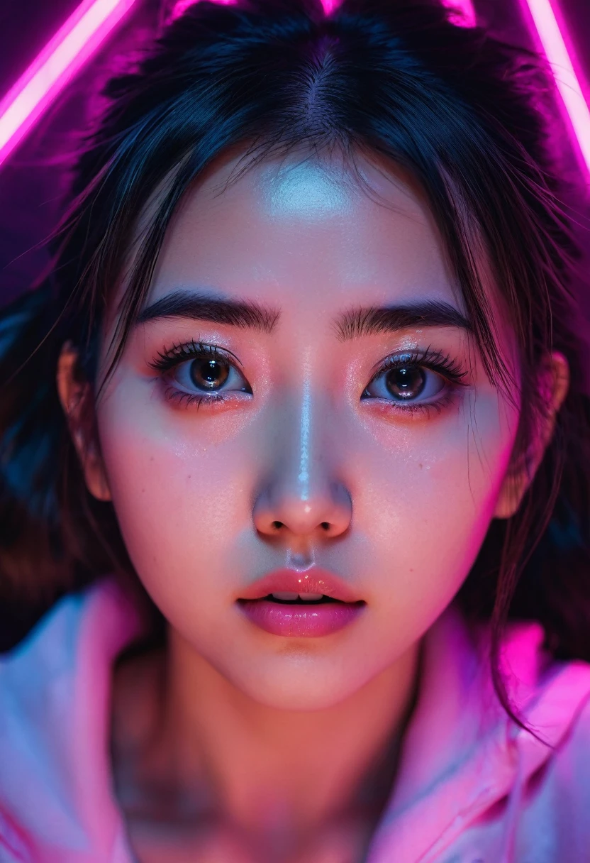 (ultra realistic),Photo, high quality, Analog Photography Ahegao , (low lighting), (neon atmosphere) light background ,portrait of a girl, Ahegao, rubio,chölka, view from above, detailed eyes,