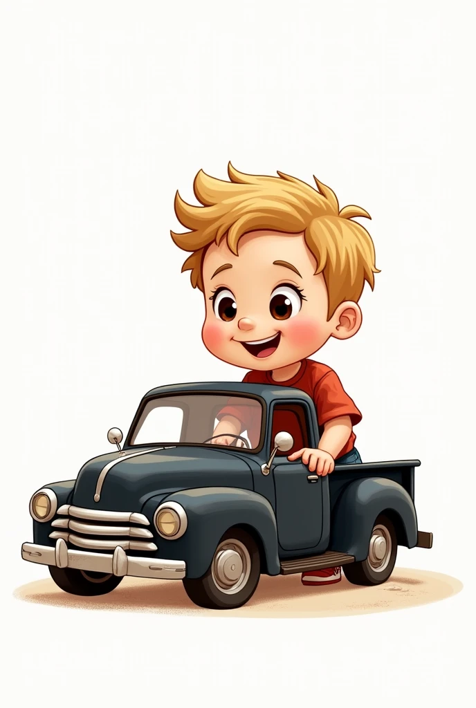(Sketch) Curious and cheerful light-skinned boy, playing with a black pickup truck.