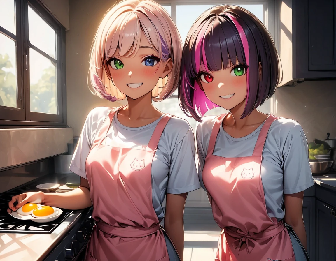 (highest quality:1.2, Very detailed, up to date, Vibrant, Ultra-high resolution, High Contrast, masterpiece:1.2, highest quality, Best aesthetics), Portraiture、girl、20-years-old, slim, , heterrochromia, green eye, red eye, stage、Bright colors、Beautiful fine details、Beautiful lip detail、extra short hair, ((bob cut:1.5))、pink and purple ((streaked hair:1.9)), (highlights hair: 1.6), ((small breast:1.3), (tan skin:0.7), cooking、((making egg benedict:1.5)), (bright kitchen:1.5), big window background, (pink apron, cat design print)、tank top, (happy:2.5), ((cowboy shot:1))