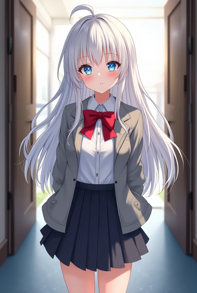 Arya, 1girl, solo, long hair, blue eyes, ahoge, bow, looking at viewer, red bow, jacket, bowtie, long sleeves, breasts, shirt, open jacket, red bowtie, door, cowboy shot, collared shirt, indoors, school uniform, white hair, standing, open clothes, skirt, bangs, dress, grey jacket, black dress, blush, pleated skirt, parted lips, medium breasts, pleated dress, white shirt, hair between eyes, white jacket, hand up, blazer, black skirt, thighs, open door, hallway