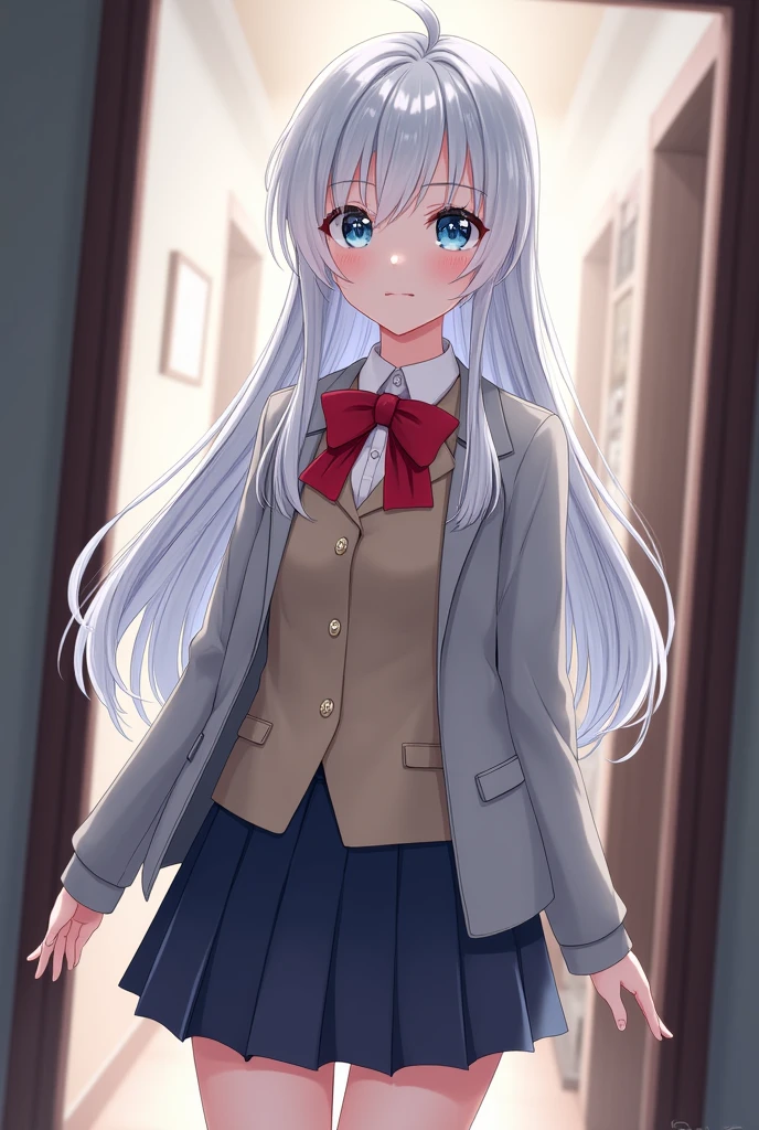 Arya, 1girl, solo, long hair, blue eyes, ahoge, bow, looking at viewer, red bow, jacket, bowtie, long sleeves, breasts, shirt, open jacket, red bowtie, door, cowboy shot, collared shirt, indoors, school uniform, white hair, standing, open clothes, skirt, bangs, dress, grey jacket, black dress, blush, pleated skirt, parted lips, medium breasts, pleated dress, white shirt, hair between eyes, white jacket, hand up, blazer, black skirt, thighs, open door, hallway