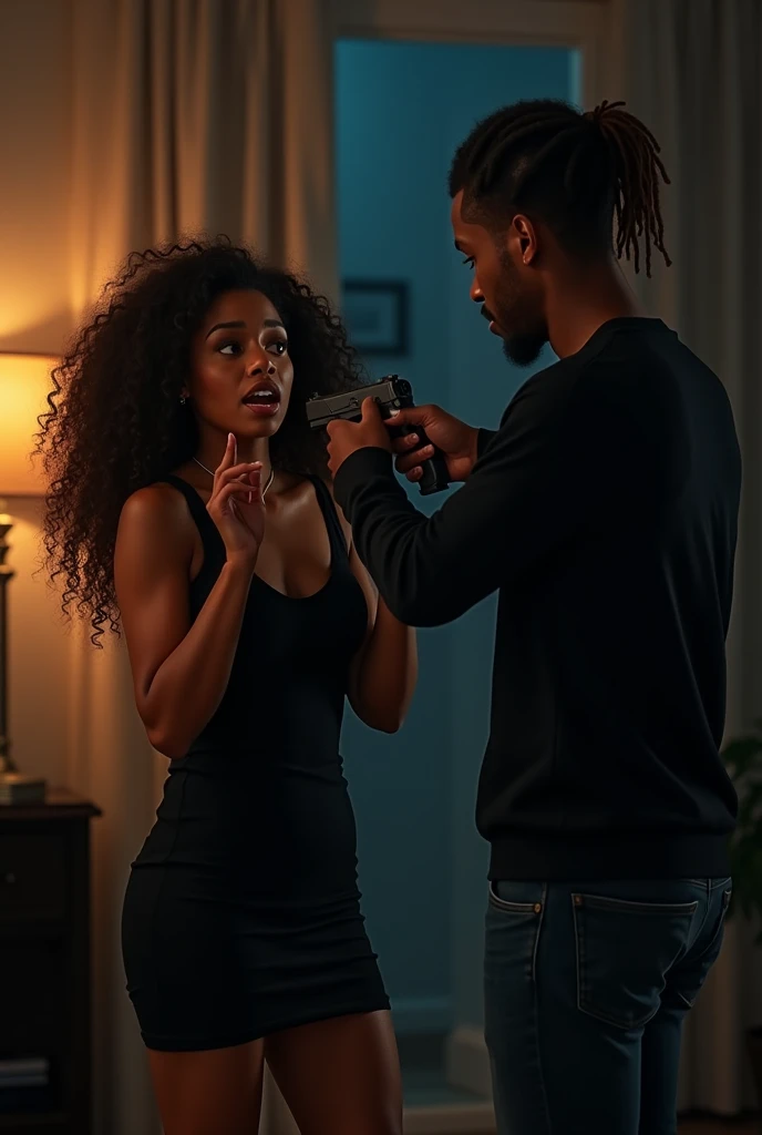 A beautiful black american girl, age 25, bright orange eyes, long brown curly hair, wearing a simple black dress, and a black american guy, age 25, dreadlock hairstyle, wearing a black sweater and jeans, angrily pointing a gun at her in the living room at night. She is begging him looking terrified