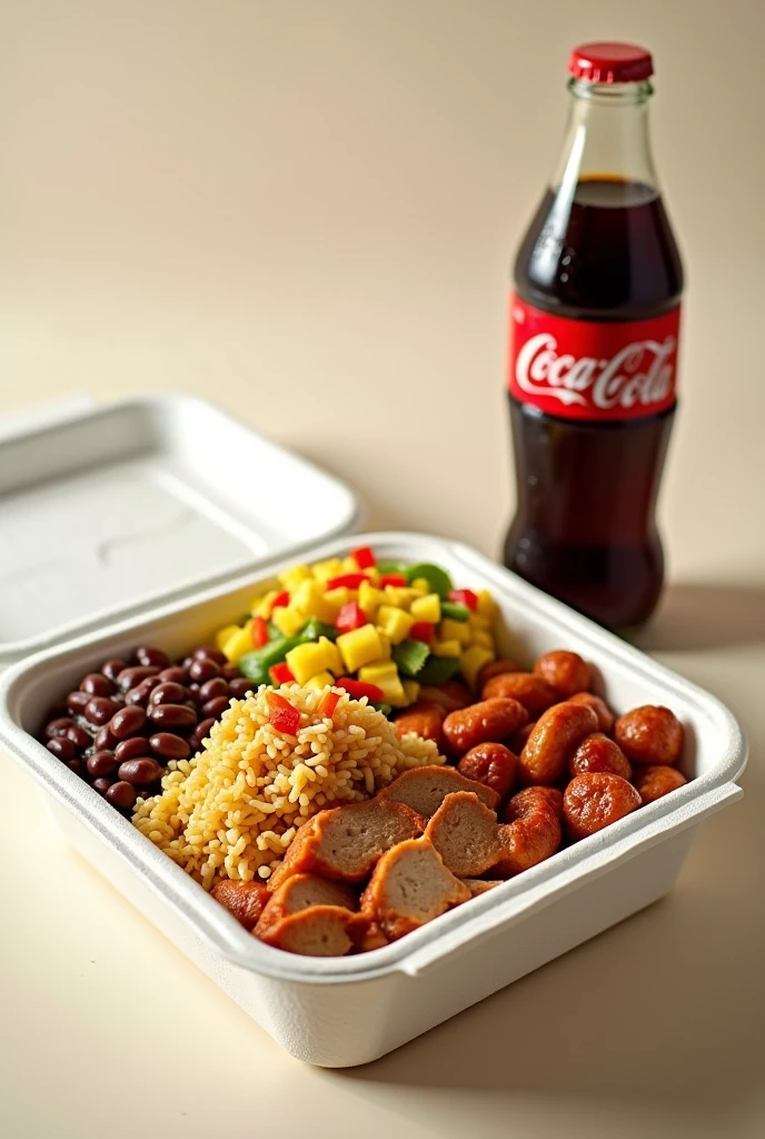create an image of a Brazilian homemade food, rice, beans , salad and meat in a round white Styrofoam thermal lunchbox, next to a 250ml plastic bottle coke. use professional photos of food commercials as reference.
