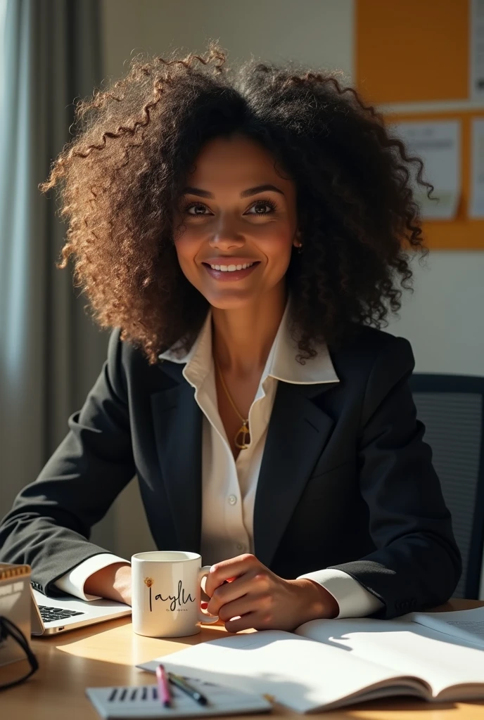 A Brazilian woman with voluminous curly hair, fair brown-skinned, dressed in formal work clothes. She is sitting at an office desk. There is a computer on this table, office supplies and also a taylor swift mug