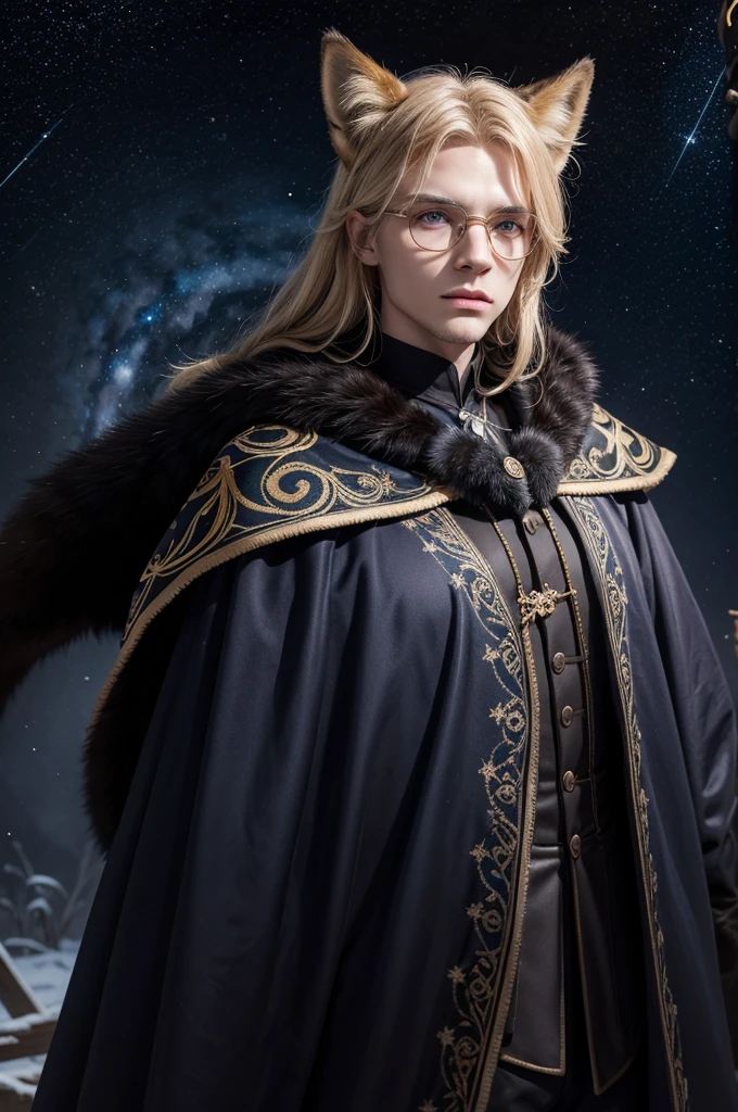 Valter is a fox with amber and gold fur and cobalt blue eyes. He wears round glasses and a dark velvet cloak embroidered with constellations that glow according to the story. Its long tail has spiral patterns that change color.