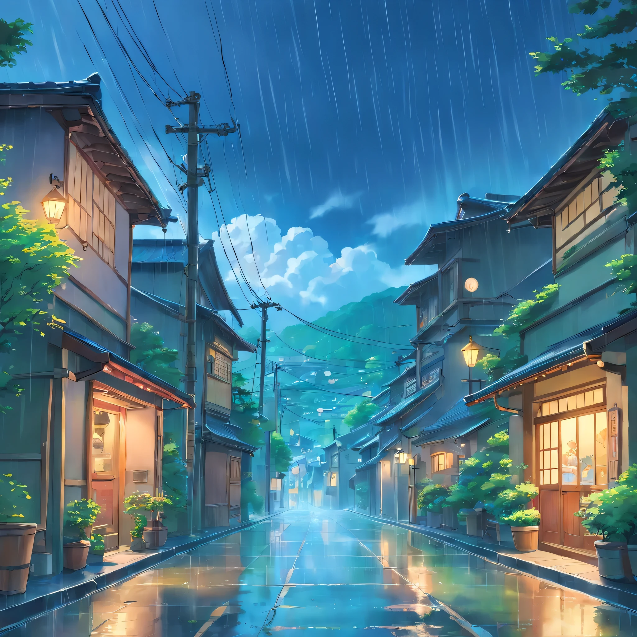 in the rain、Cloudy、heavy rain、high resolution、Cloudy、Photorealistic Stick、Calm down、Japan townscape、Electric pole、A little bit of nature、Paved roads、Emotional、Countryside view、panorama、Wide angle、scenery、rain、garden、Public phone、post、ズームアウト✕2、garden、