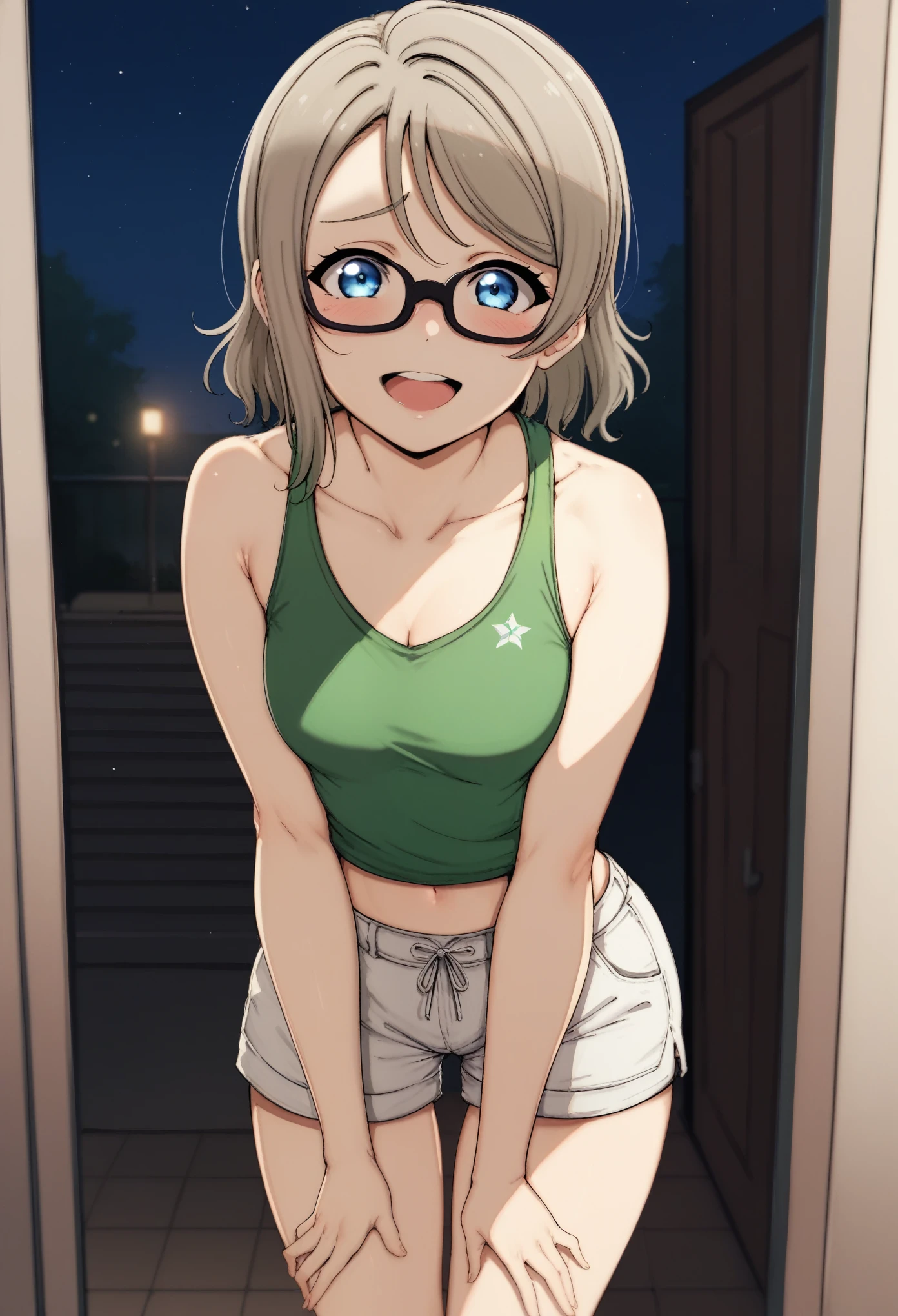 Watanabe you love live,alp art style , medium hair,gray hair , blue eyes ,black-framed eyewear ,blush ,looking at viewer ,solo , green tank top, white shorts , standing,thin waist , doorway, open mouth, embarrassed smile, leaning forward , night 