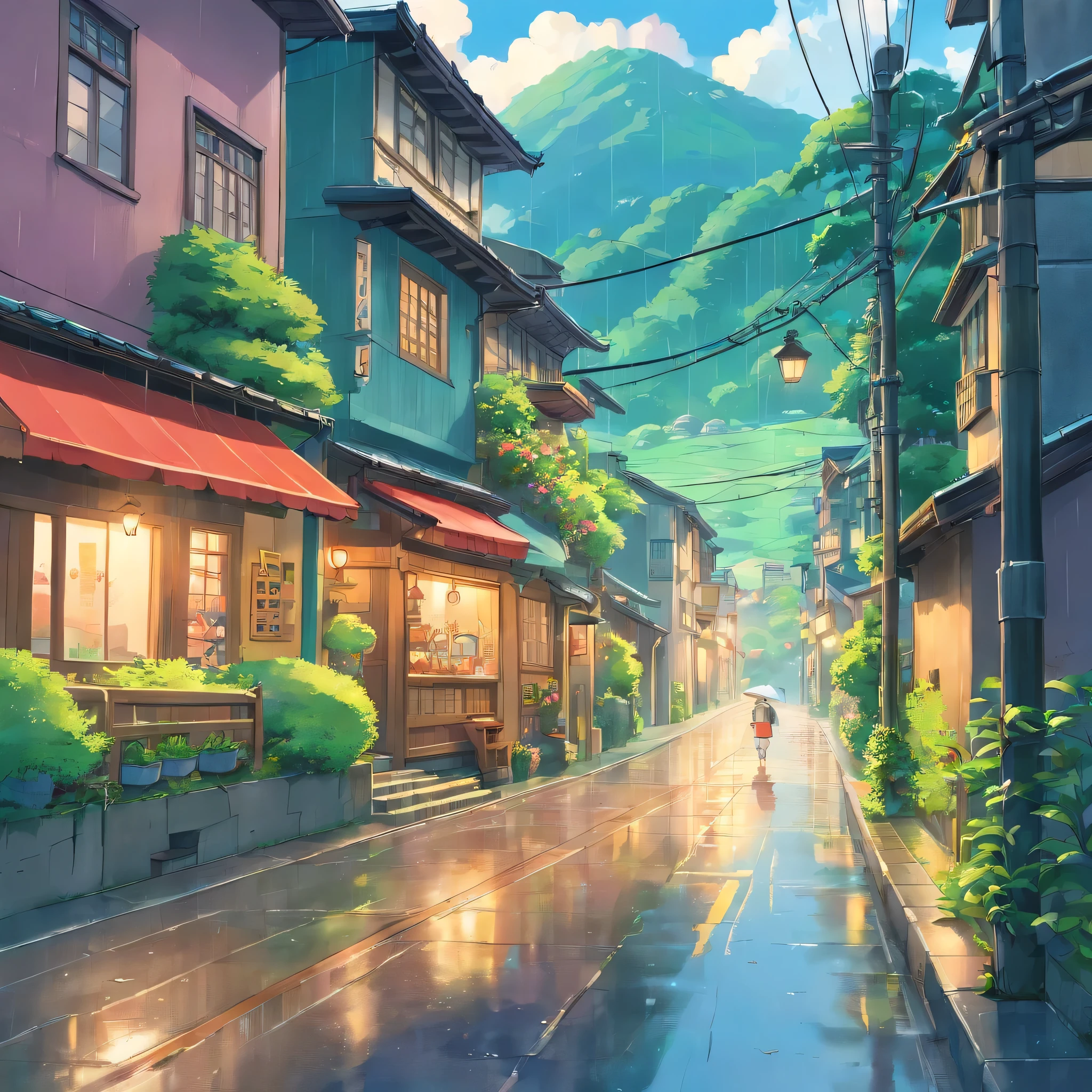 in the rain、Cloudy、heavy rain、high resolution、Cloudy、Photorealistic Stick、Calm down、Japan townscape、Electric pole、A little bit of nature、Paved roads、Emotional、Countryside view、panorama、Wide angle、scenery、rain、garden、Public phone、post、ズームアウト✕2、garden、