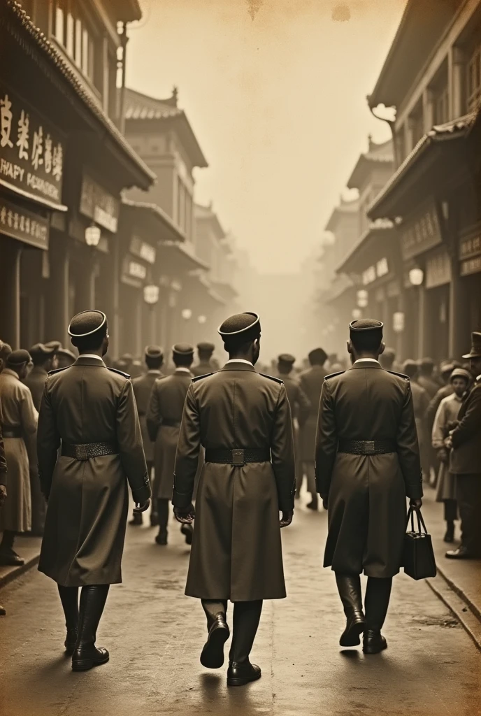 Photo archive sepia effect worn damaged. Scene from life in the year 1917. Historical value. View from far away of the famous Nanjing Street in Shanghai. A group of policemen in suits with turbans on their heads from the Indian continent parading around the Chinese villagers. Pancartes avec inscriptions chinoises sur les devantures de magasin. Dull Sepia Colors. Lanterns lit