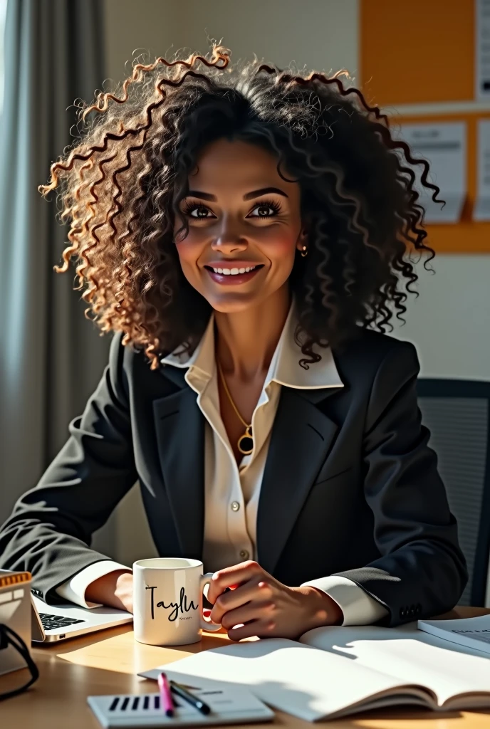 A Brazilian woman with voluminous curly hair, fair brown-skinned, dressed in formal work clothes. She is sitting at an office desk. There is a computer on this table, office supplies and also a taylor swift mug