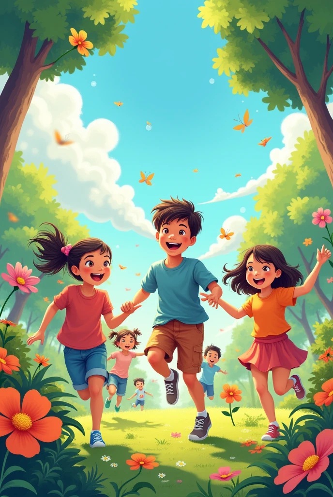 Create a very colorful image with children playing and having fun
